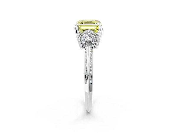 Platinum Asscher Cut Graduated Pave Engagement Ring Setting for Fancy Yellow Center