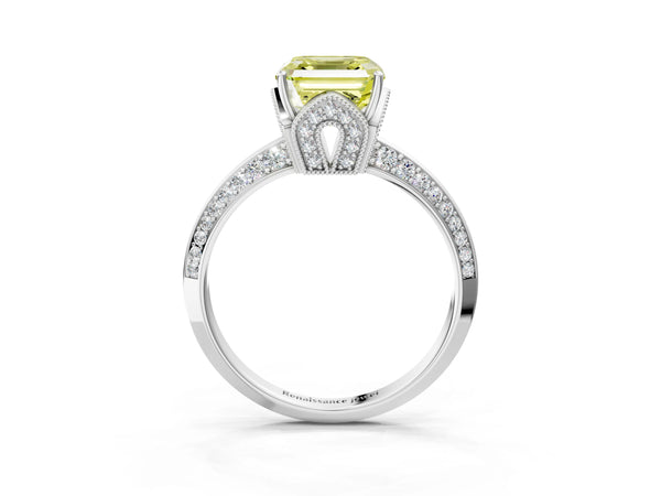 Platinum Asscher Cut Graduated Pave Engagement Ring Setting for Fancy Yellow Center