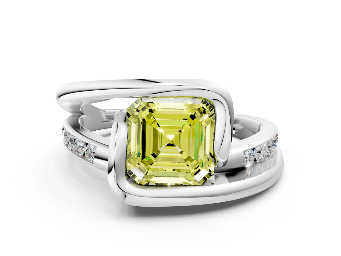 Platinum Fancy Yellow Asscher Cut Solitaire Tension-Set Diamond Split Shank Ring_30