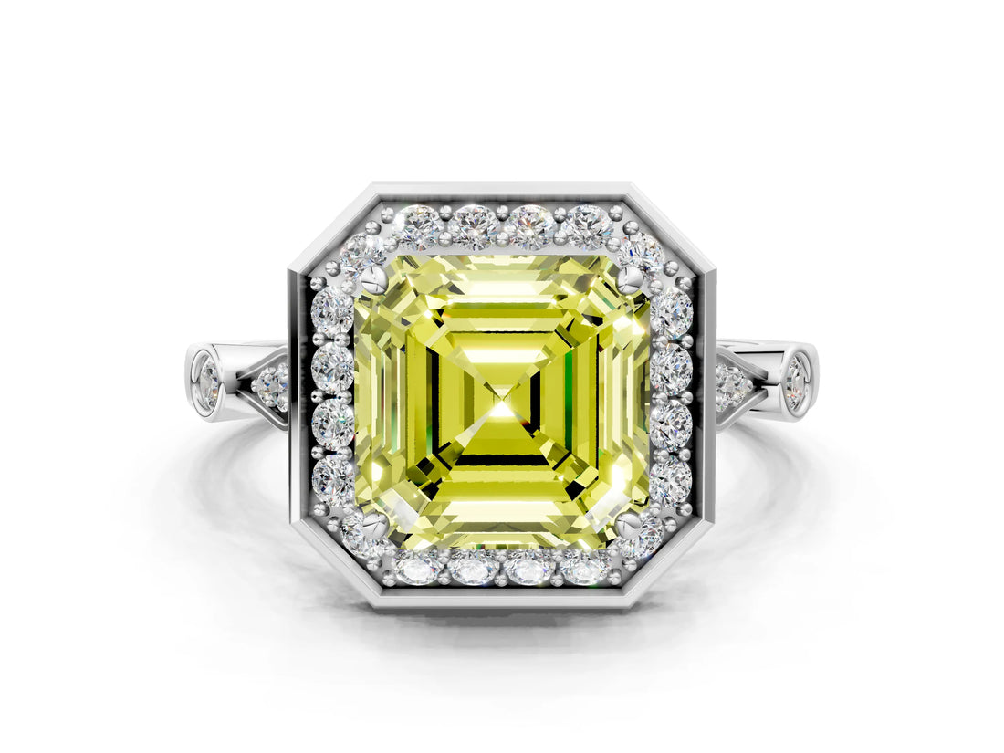 Platinum Fancy Yellow Asscher  Halo Diamond Engagement Ring with Twisted Band and Four-Prong Setting