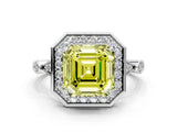 Platinum Fancy Yellow Asscher  Halo Diamond Engagement Ring with Twisted Band and Four-Prong Setting