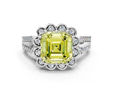 Platinum Fancy Yellow Asscher  Halo Diamond Floral Split Shank Engagement Ring 1