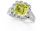Platinum Fancy Yellow Asscher  Halo Diamond Floral Split Shank Engagement Ring 2