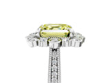 Platinum Fancy Yellow Asscher  Halo Milgrain Pave Diamond Ring with Four-Prong Setting