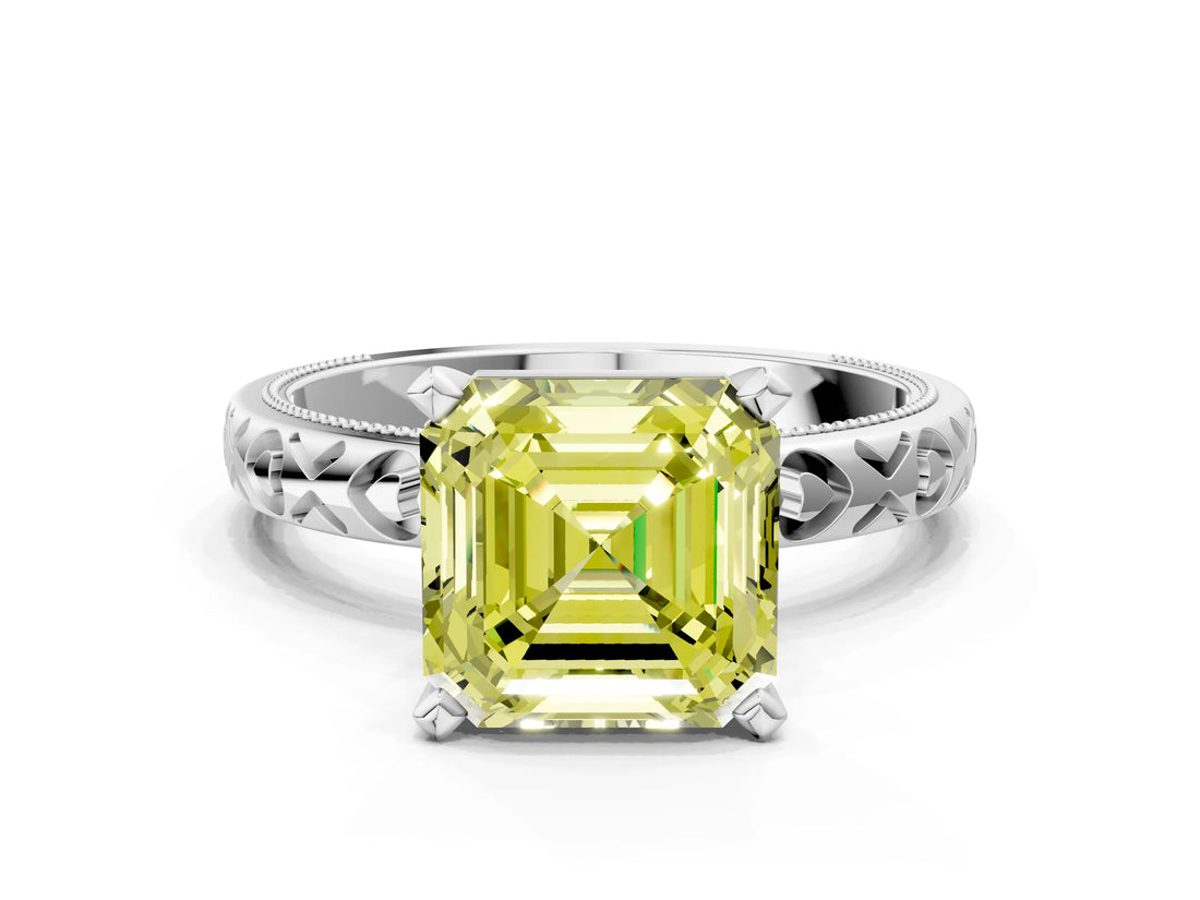 Platinum Fancy Yellow Asscher  Solitaire Diamond Engagement Ring with XO Engraved Band and Four-Prong Setting 1