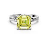 Platinum Fancy Yellow Asscher  Solitaire Diamond Engagement Ring with XO Engraved Band and Four-Prong Setting 1