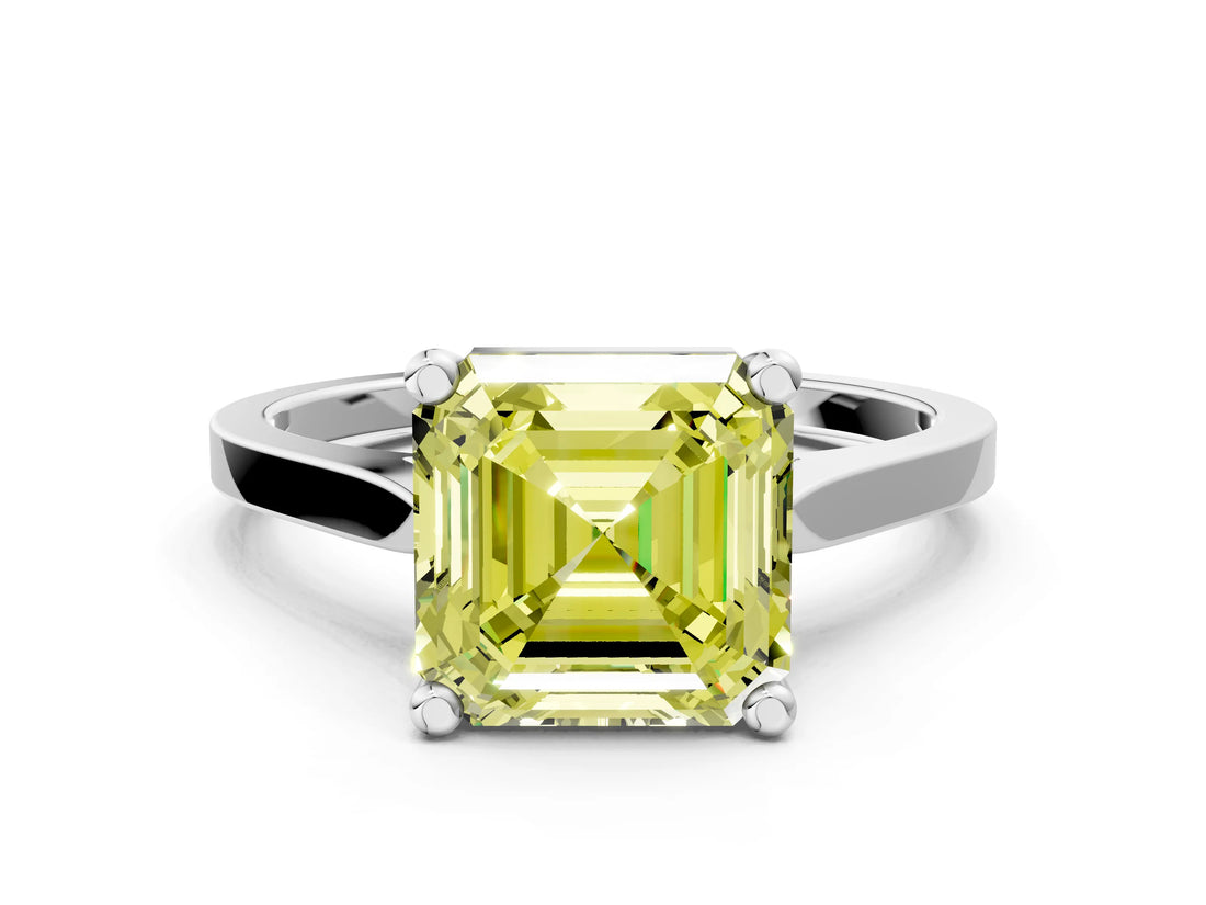 Platinum Fancy Yellow Asscher  Solitaire Diamond Ring with Four-Prong Setting and Tapered Band 1