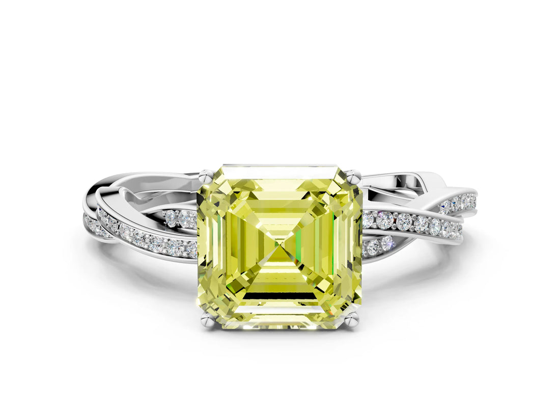 Platinum Fancy Yellow Asscher  Solitaire Twisted Pave Diamond Ring with Four-Prong Setting