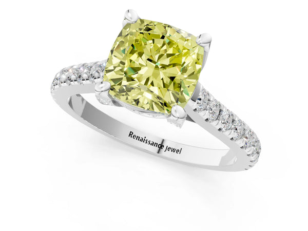 Platinum Fancy Yellow Cushion  Brilliant Diamond Solitaire with Pavé Band and Four-Prong Setting