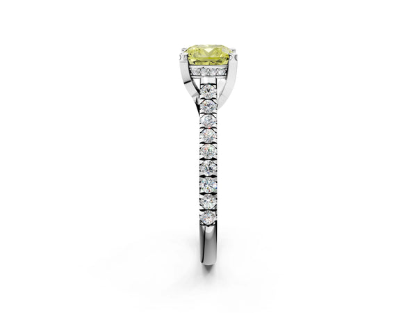 Platinum Fancy Yellow Cushion  Brilliant Diamond Solitaire with Pavé Band and Four-Prong Setting