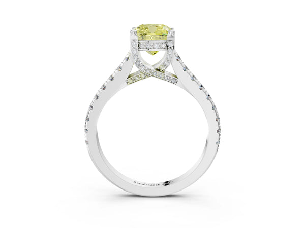 Platinum Fancy Yellow Cushion  Brilliant Diamond Solitaire with Pavé Band and Four-Prong Setting
