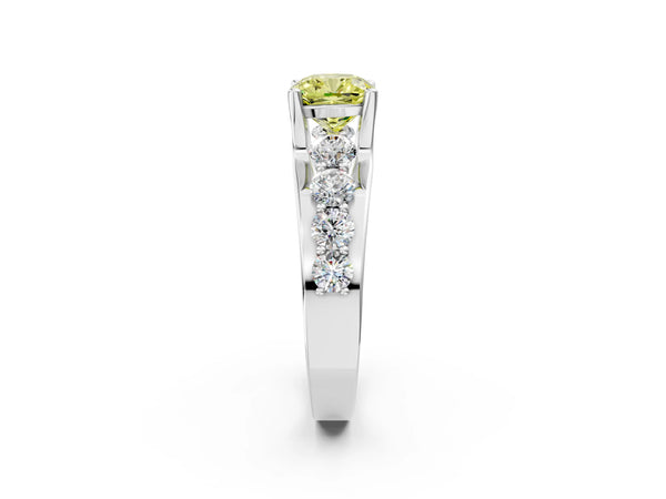 Platinum Fancy Yellow Cushion  Brilliant Solitaire with Side Stones on a Pave Band and Four-Prong Setting