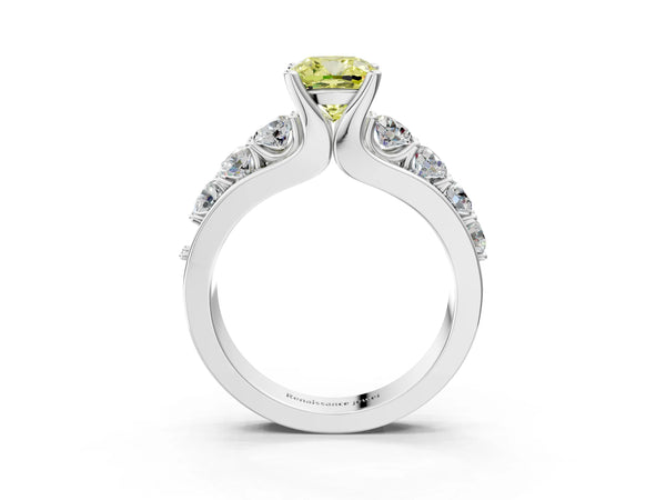 Platinum Fancy Yellow Cushion  Brilliant Solitaire with Side Stones on a Pave Band and Four-Prong Setting