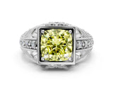 Platinum Fancy Yellow Cushion Cut Brilliant Milgrain Filigree Diamond Ring with Square Prong Setting_24