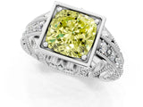 Platinum Fancy Yellow Cushion Cut Brilliant Milgrain Filigree Diamond Ring with Square Prong Setting_25