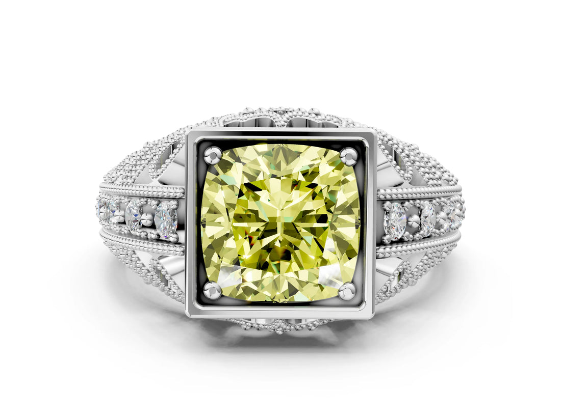 Platinum Fancy Yellow Cushion Cut Brilliant Milgrain Filigree Diamond Ring with Square Prong Setting_30