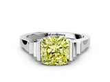 Platinum Fancy Yellow Cushion Cut Brilliant Solitaire Diamond Ring with Channel Set Band and Bar Prong Setting_60