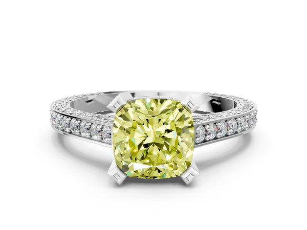 Platinum Fancy Yellow Cushion Cut Brilliant Split Shank Pave Solitaire Ring with Four-Prong Setting