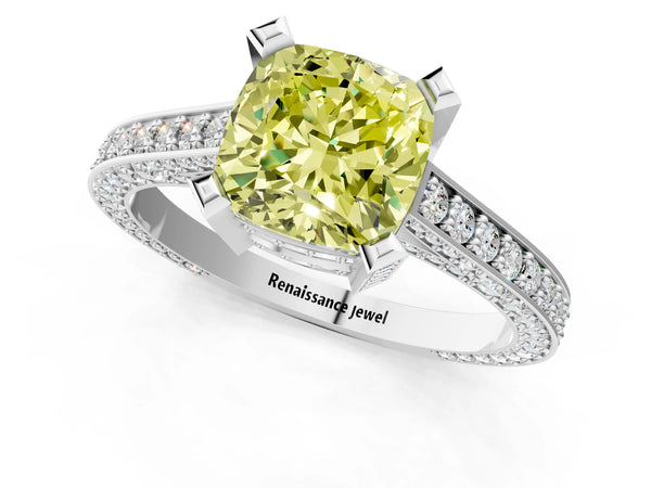 Platinum Fancy Yellow Cushion Cut Brilliant Split Shank Pave Solitaire Ring with Four-Prong Setting