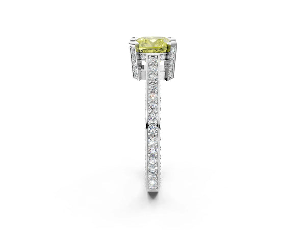 Platinum Fancy Yellow Cushion Cut Brilliant Split Shank Pave Solitaire Ring with Four-Prong Setting