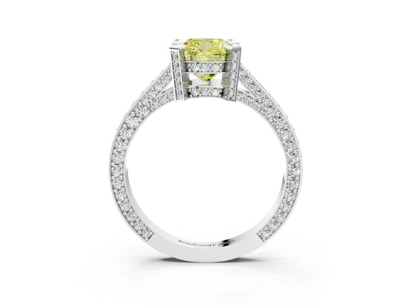 Platinum Fancy Yellow Cushion Cut Brilliant Split Shank Pave Solitaire Ring with Four-Prong Setting