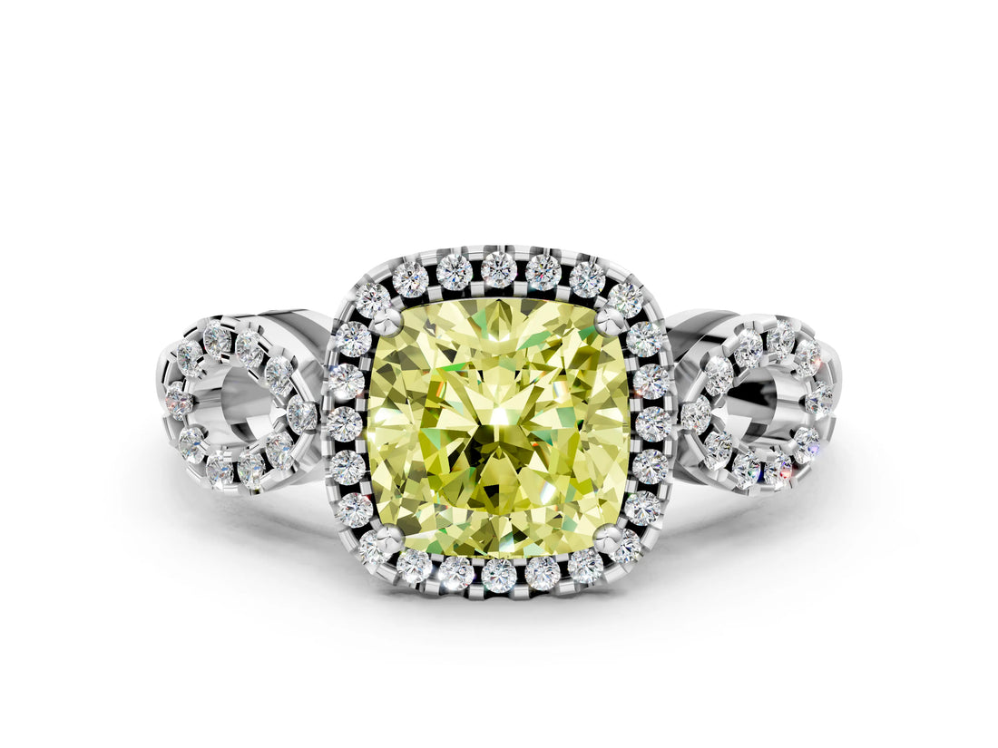Platinum Fancy Yellow Cushion Cut Cut Halo Diamond Infinity Band with Four-Prong Setting_12