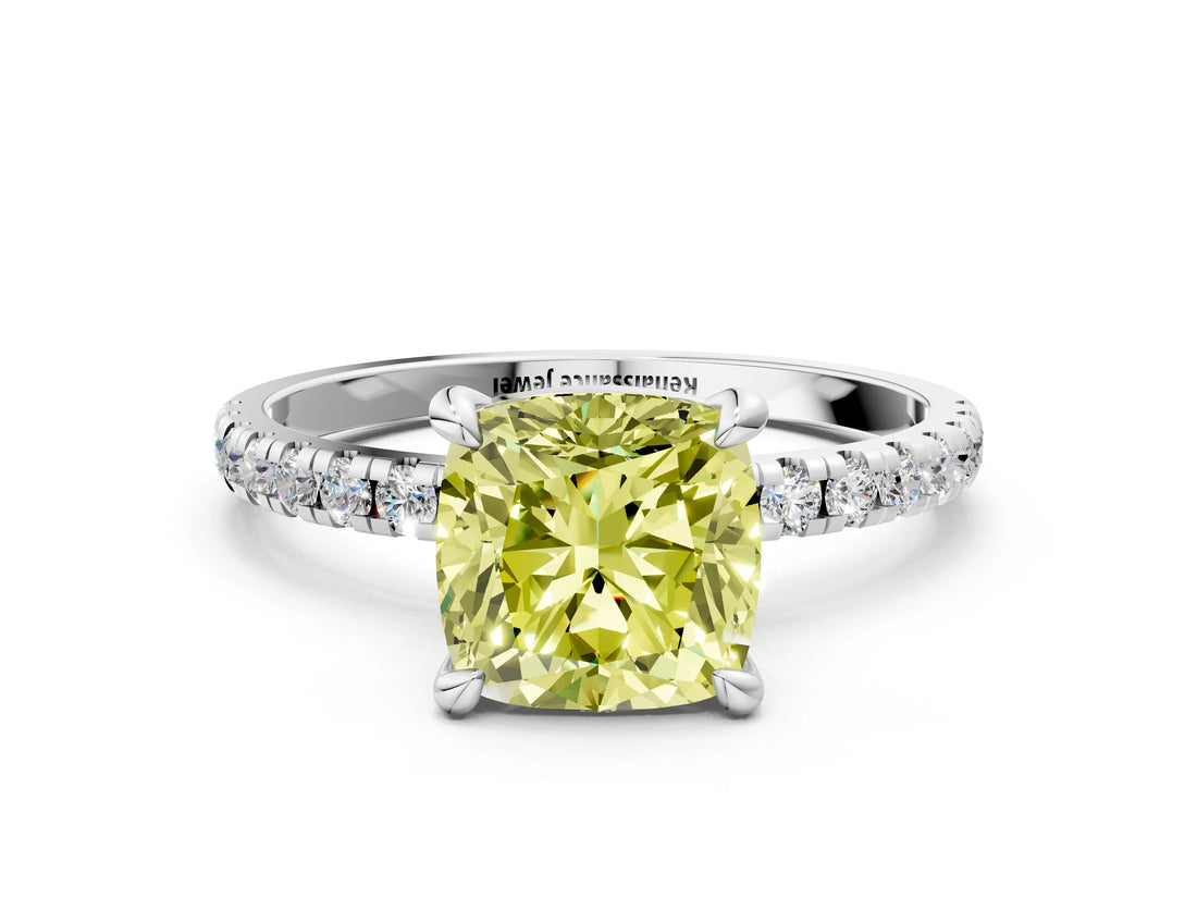 Platinum Fancy Yellow Cushion Cut Diamond Brilliant Solitaire Ring with Pavé Band and Four-Prong Setting_37