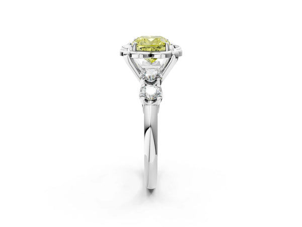 Platinum Fancy Yellow Cushion  Cut Diamond Floral Halo Engagement Ring with Shared Prong Setting