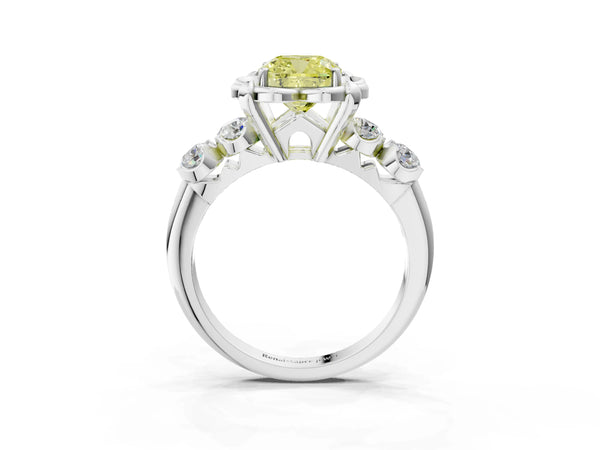 Platinum Fancy Yellow Cushion  Cut Diamond Floral Halo Engagement Ring with Shared Prong Setting