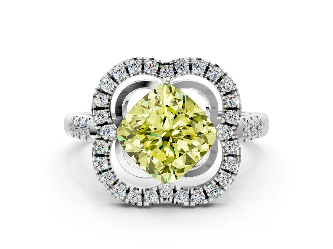 Platinum Fancy Yellow Cushion Cut Diamond Floral Halo Split Shank Prong Setting Ring_30