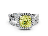 Platinum Fancy Yellow Cushion Cut Diamond Halo Ring with Round Split Shank and Prong Setting