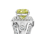 Platinum Fancy Yellow Cushion Cut Diamond Halo Ring with Split Shank and Bezel Accents and Four-Prong Setting_11