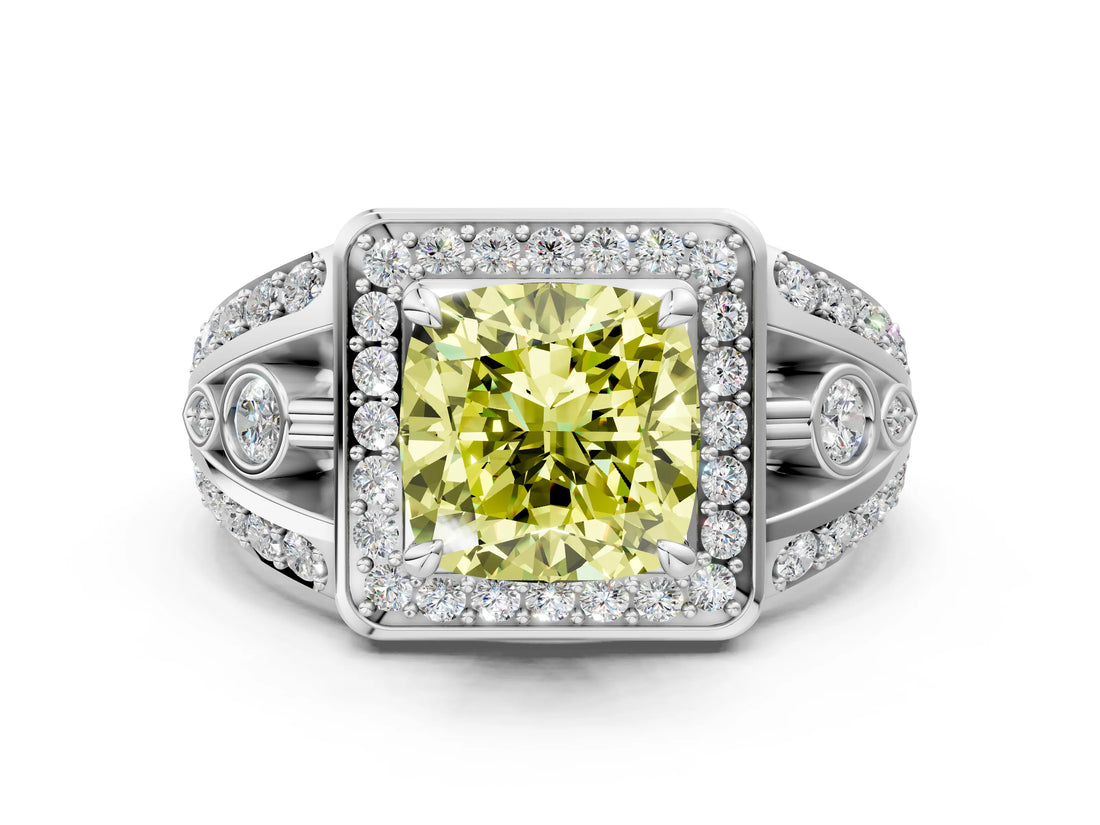 Platinum Fancy Yellow Cushion Cut Diamond Halo Ring with Split Shank and Bezel Accents and Four-Prong Setting_6