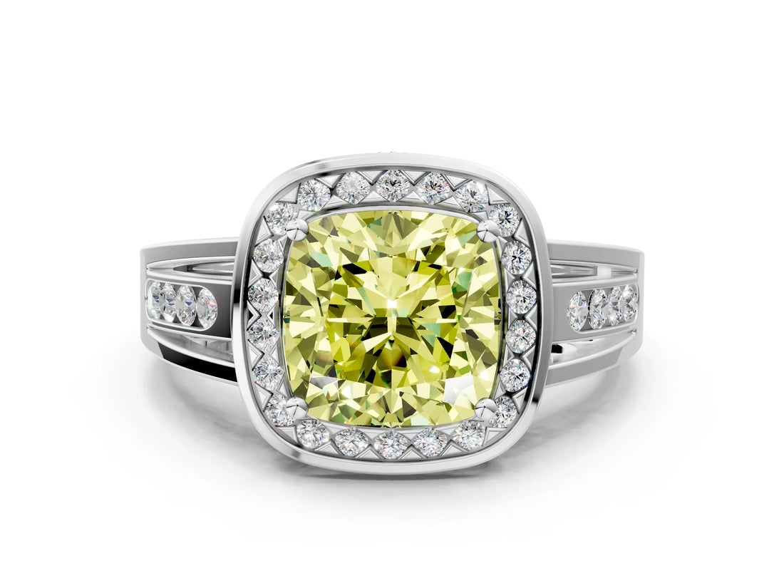 Platinum Fancy Yellow Cushion Cut Diamond Halo Ring with Split Shank and Bezel Accents and Prong Setting_6