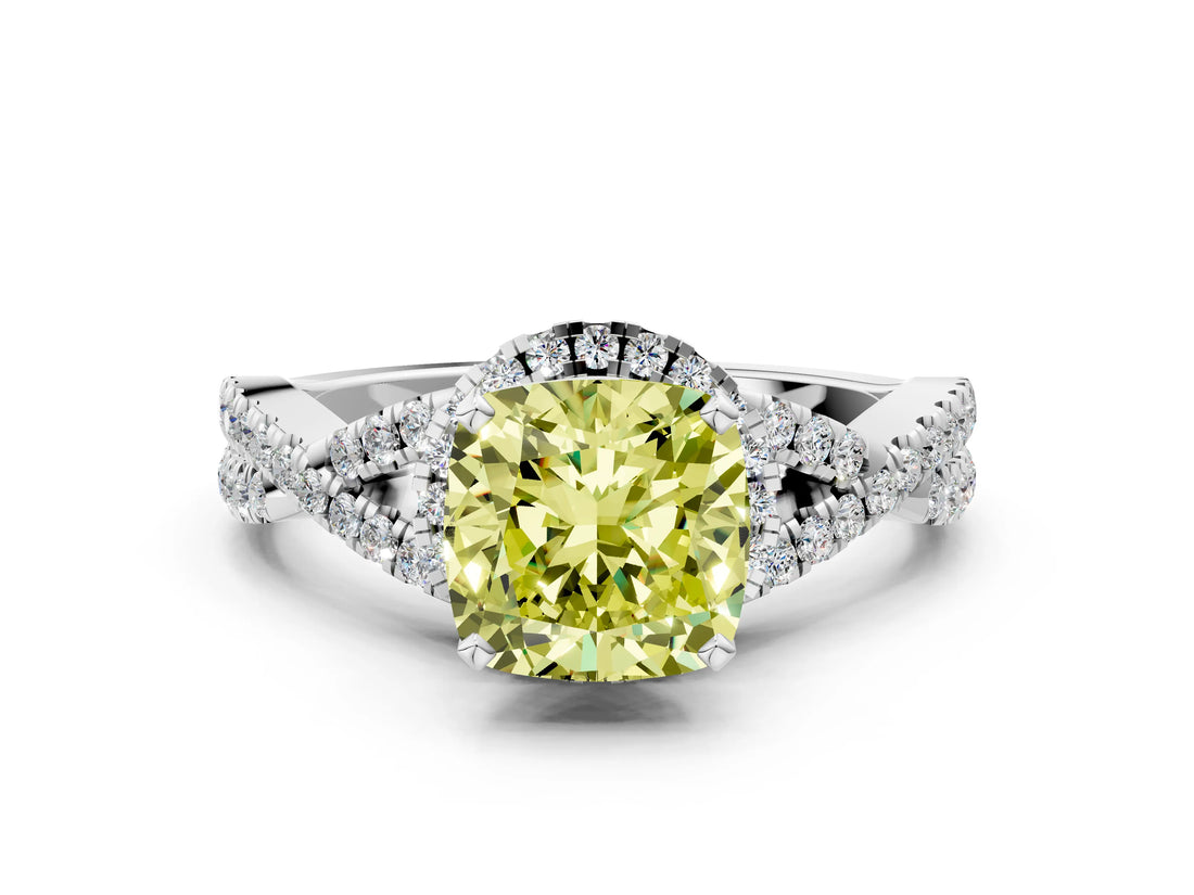 Platinum Fancy Yellow Cushion Cut Diamond  Halo Twist Band Solitaire Prong Setting Ring_12