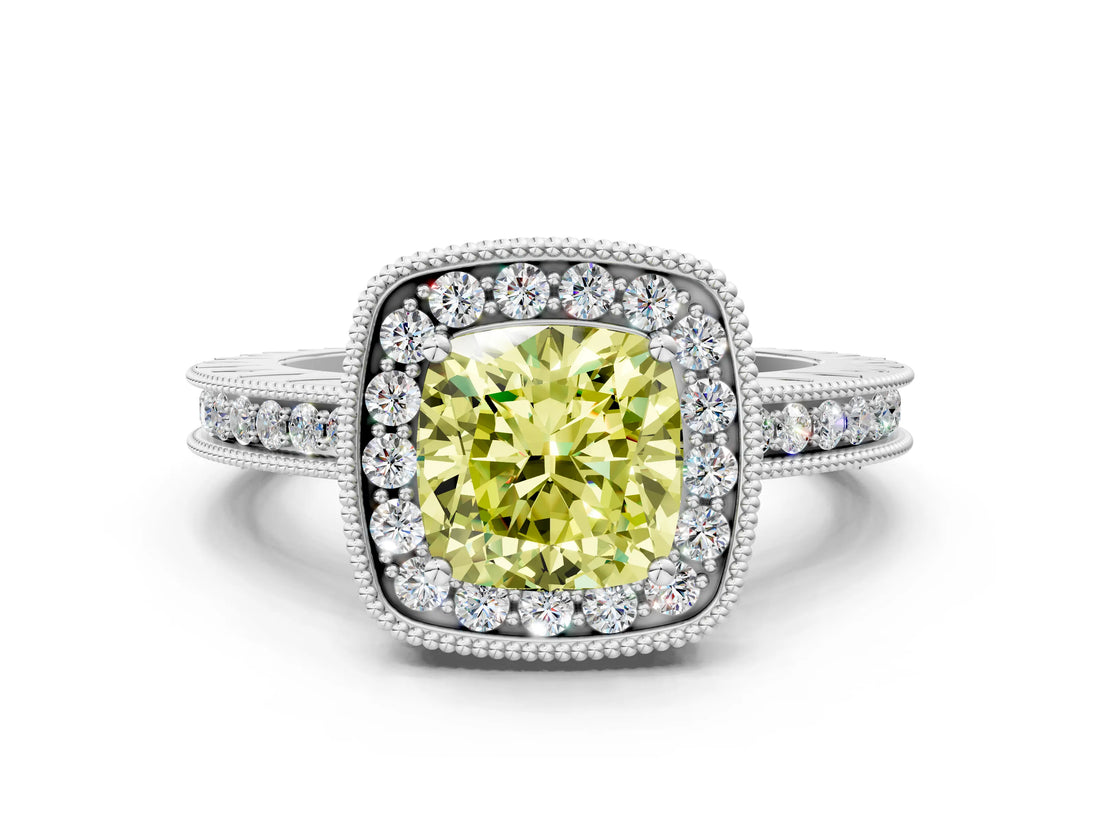 Platinum Fancy Yellow Cushion Cut Diamond Milgrain Halo Engagement Ring with Round Pavé Band and Prong Setting_13