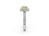 Platinum Fancy Yellow Cushion Cut Diamond Milgrain Halo Engagement Ring with Round Pavé Band and Prong Setting_15