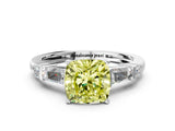 Platinum Fancy Yellow Cushion  Cut Diamond Ring with Baguette Side Stones, Channel Set Band, and Four-Prong Setting_24