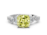 Platinum Fancy Yellow Cushion Cut Diamond Scattered Round Accent Ring with Prong Setting
