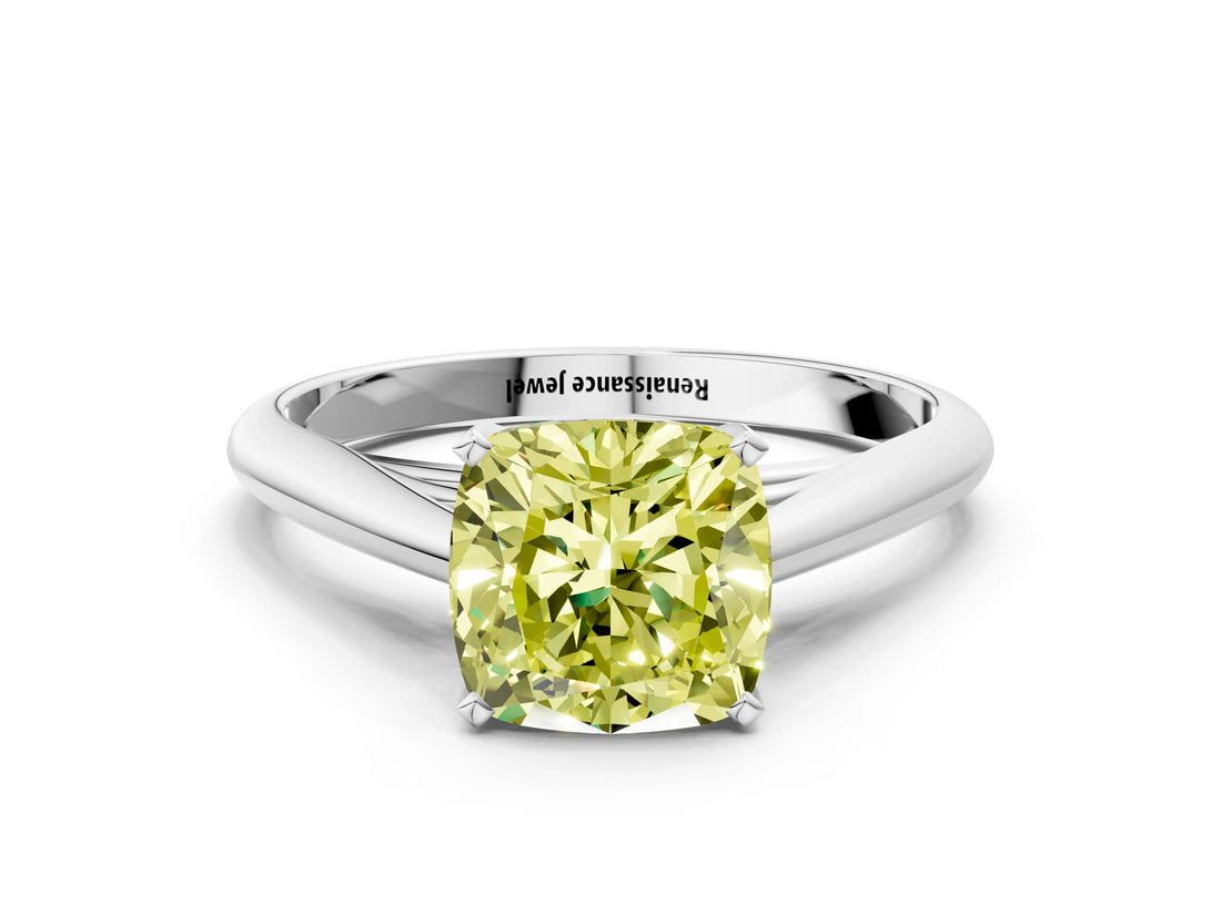 Platinum Fancy Yellow Cushion Cut Diamond Solitaire Engagement Ring with Cathedral Setting and Four-Prong Mount