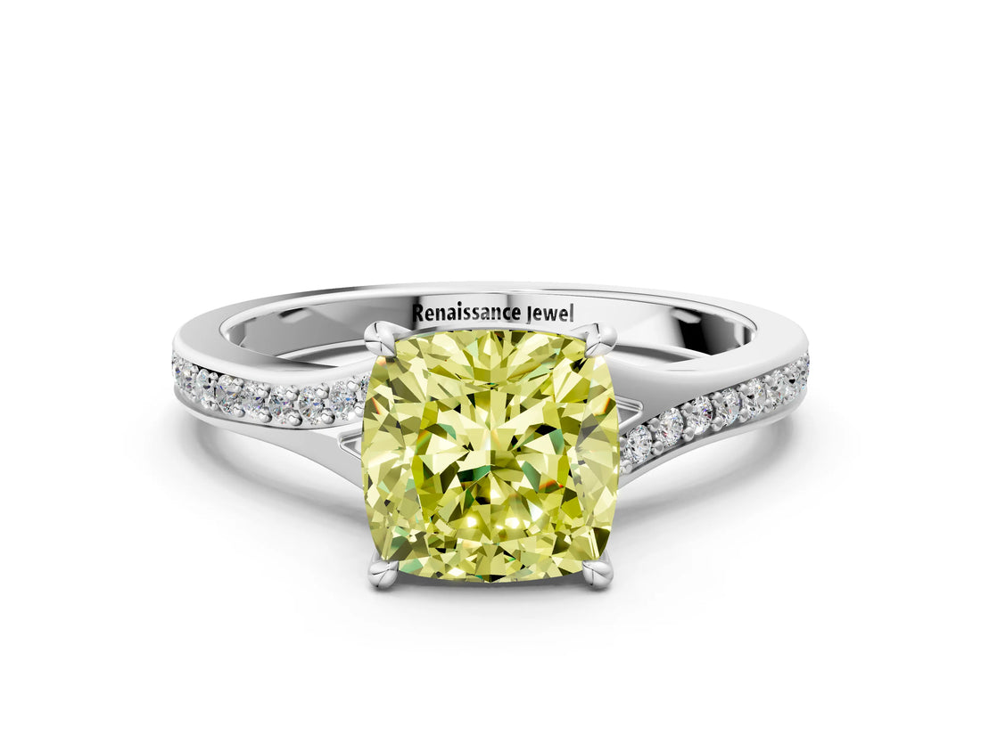 Platinum Fancy Yellow Cushion Cut Diamond Solitaire Ring with Pavé Band and Prong Setting_12