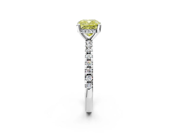 Platinum Cushion Cut Hidden Halo Solitaire Engagement Ring Setting for Fancy Yellow Center with Single Row Pave Band