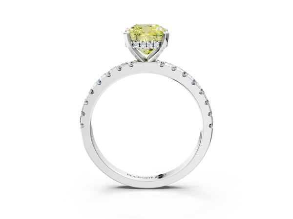 Platinum Cushion Cut Hidden Halo Solitaire Engagement Ring Setting for Fancy Yellow Center with Single Row Pave Band