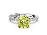 Platinum Fancy Yellow Cushion  Cut Diamond Solitaire with Pave Band and Four-Prong Setting