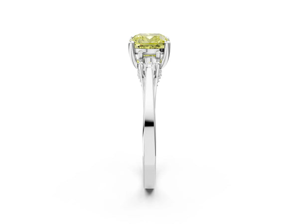 Platinum Fancy Yellow Cushion Cut Diamond Three-Stone Engagement Ring with Prong Setting and Pavé Band