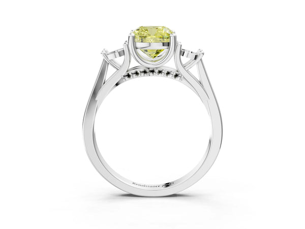 Platinum Fancy Yellow Cushion Cut Diamond Three-Stone Engagement Ring with Prong Setting and Pavé Band