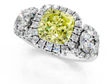 Platinum Fancy Yellow Cushion Cut Diamond Three-Stone Halo Ring with Prong Setting and Pavé Accents_25