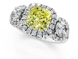 Platinum Fancy Yellow Cushion Cut Diamond Three-Stone Halo Ring with Prong Setting and Pavé Accents_31
