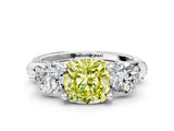 Platinum Fancy Yellow Cushion Cut Diamond Three-Stone Ring with Prong Setting and Pavé Band_12