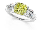 Platinum Fancy Yellow Cushion Cut Diamond Three-Stone Ring with Prong Setting and Pavé Band_13